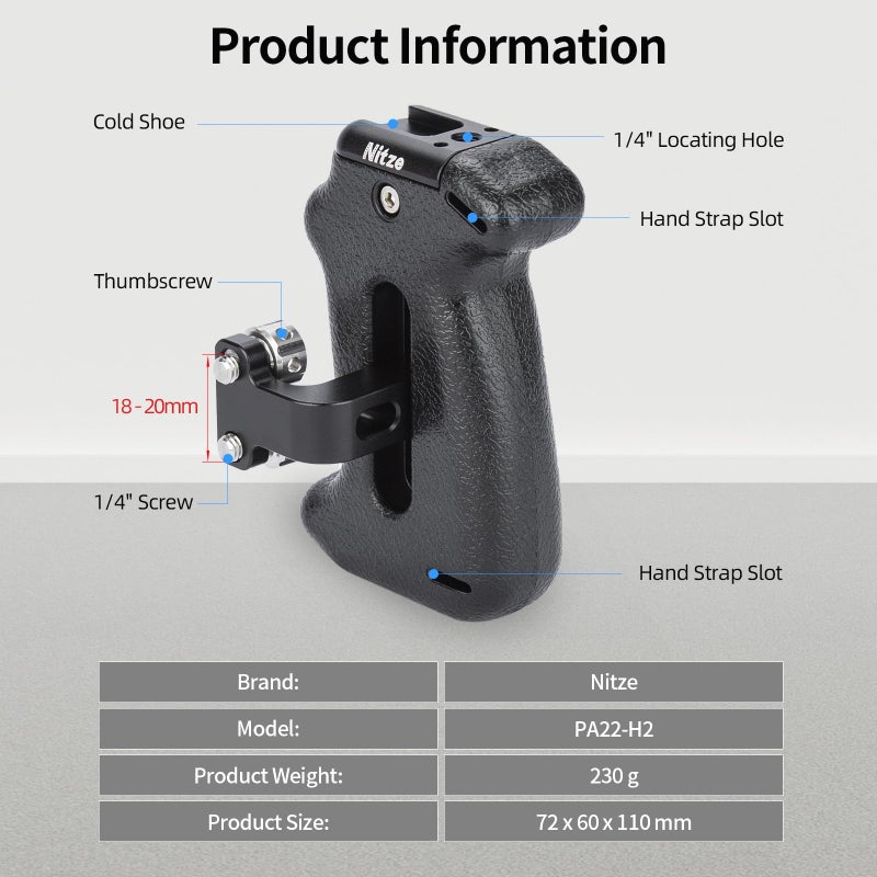 Nitze Side Handle with 1/4" Screws, Camera Side Handle for Camera Cage, Monitor Cage, Up/Down and Left/Right Adjustable - PA22-H2 - Image 2